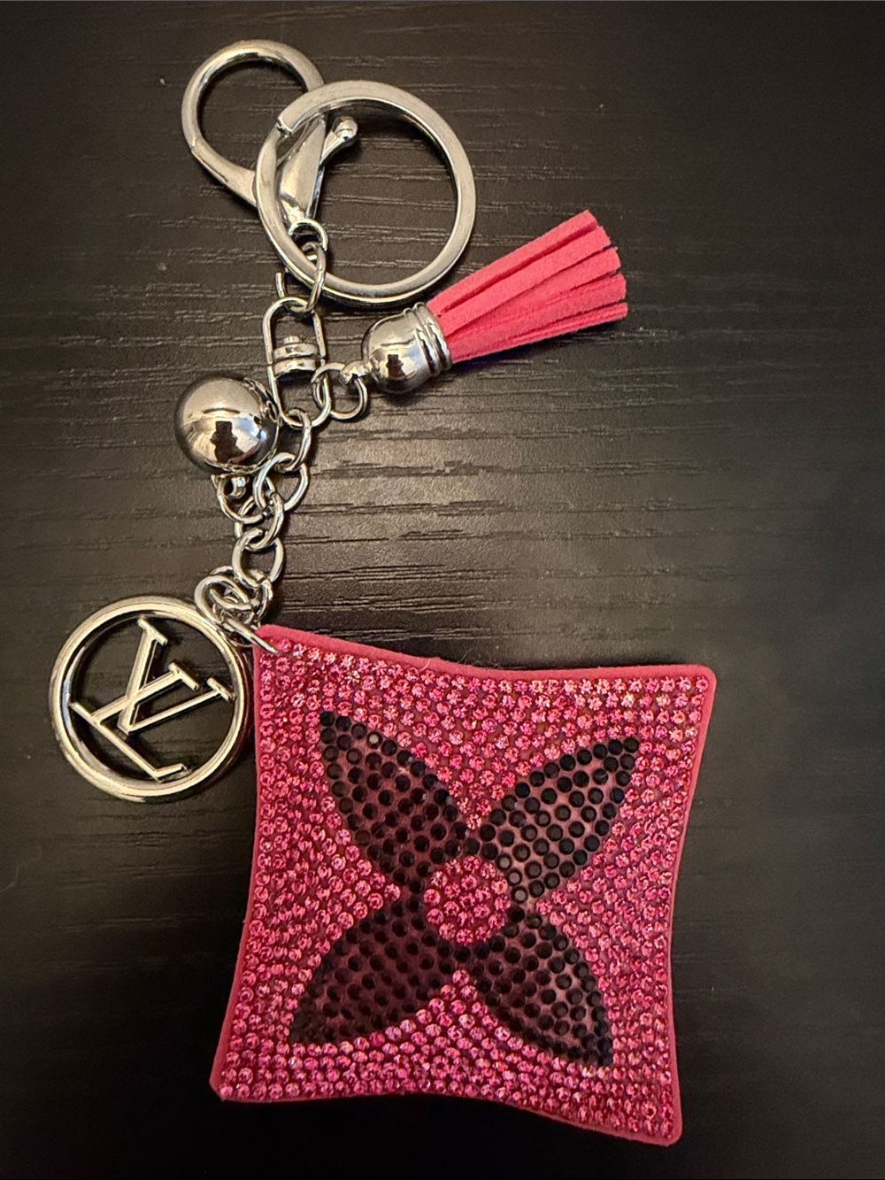 Inspired Pink Crystal Monogram Tassel Key & Card Holder Charm